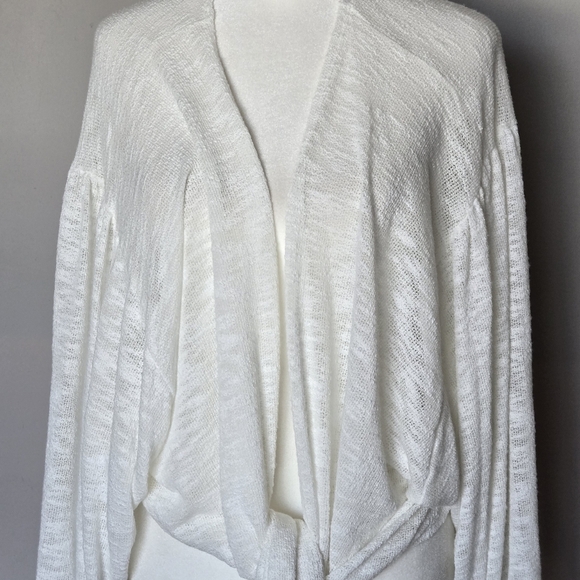 Stitch + Feather Tie Front Cardigan Balloon Sleeves Gauzy Layering Boho Sweater - Picture 6 of 12